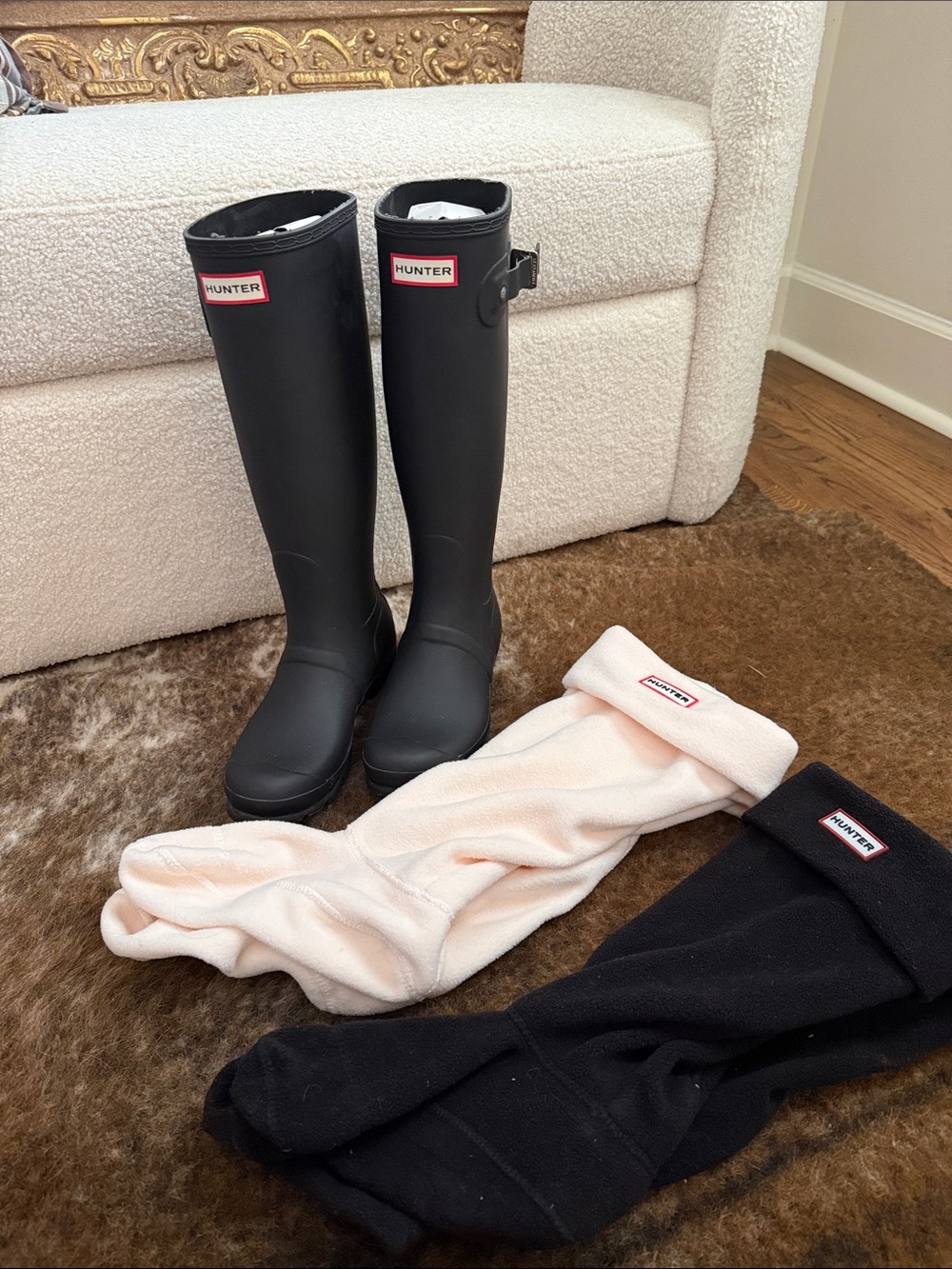 Hunter Black Rain Boots with Black and Cream Sock Liners